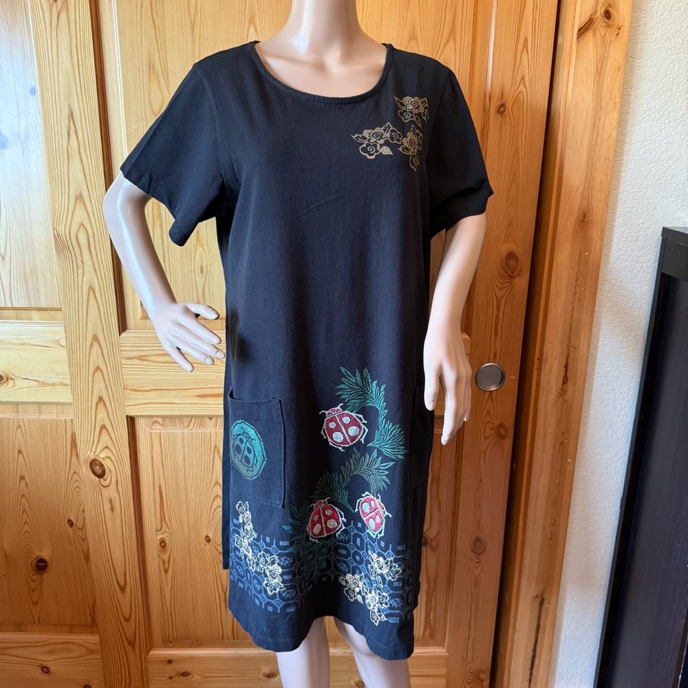 Vintage Cactus California USA Dress M Ladybugs Black Cotton Pockets Comfy